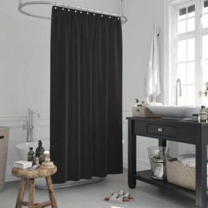 Zavesa za tuš kabine BLACK 180x200 cm | Vodoodporna tekstilna kopalniška zavesa za prho + 12 plastičnih obročev