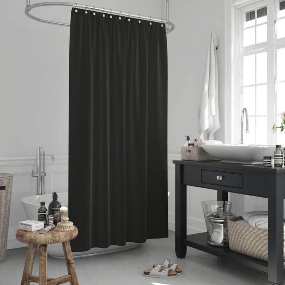 Zavesa za tuš kabine BLACK 180x200 cm | Vodoodporna tekstilna kopalniška zavesa za prho + 12 plastičnih obročev