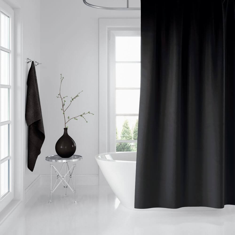 Zavesa za tuš kabine BLACK 180x200 cm | Vodoodporna tekstilna kopalniška zavesa za prho + 12 plastičnih obročev - slika 3