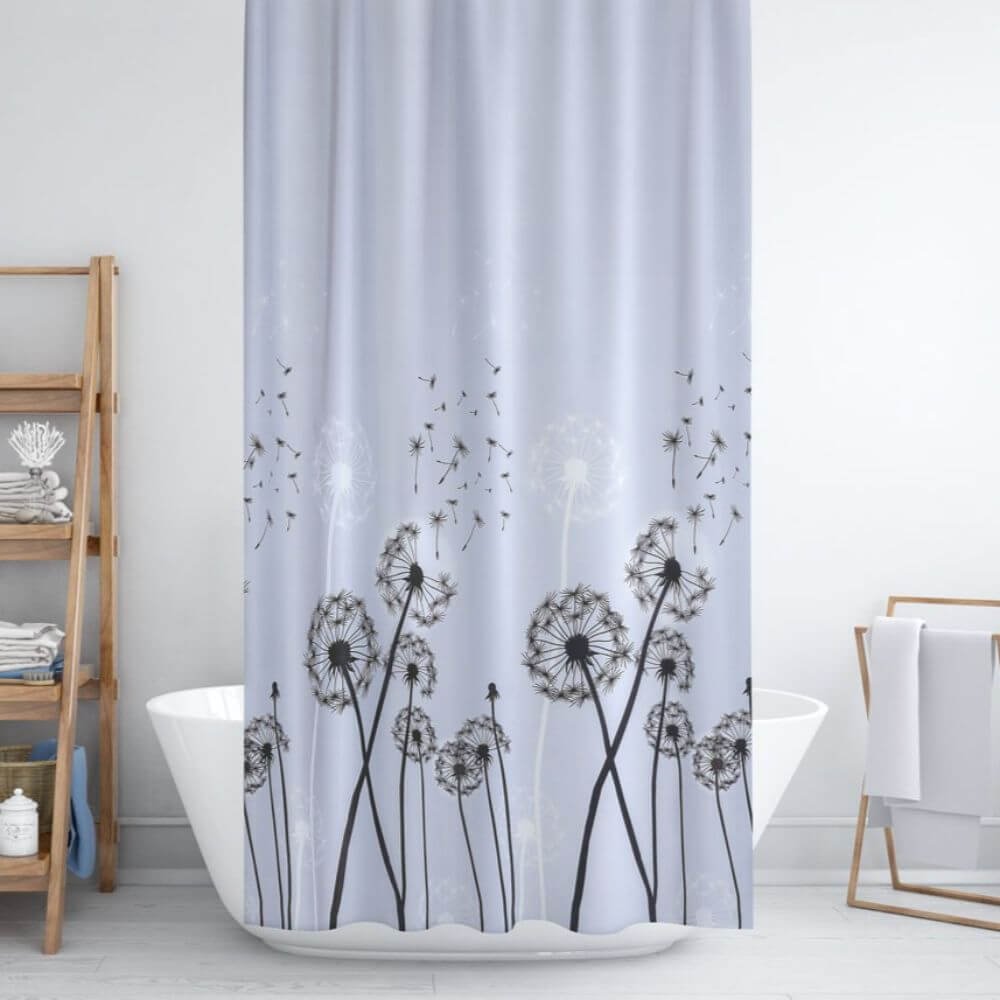 Zavesa za tuš kabine DANDELLION 180x200 cm | Vodoodporna tekstilna kopalniška zavesa za prho + 12 plastičnih obročev - slika 3