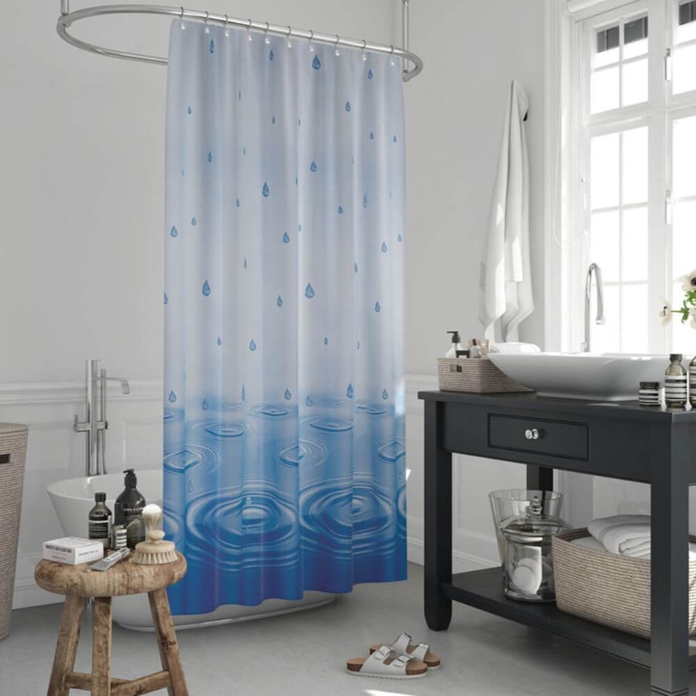 Zavesa za tuš kabine DROP 180x200 cm | Vodoodporna tekstilna kopalniška zavesa za prho + 12 plastičnih obročev