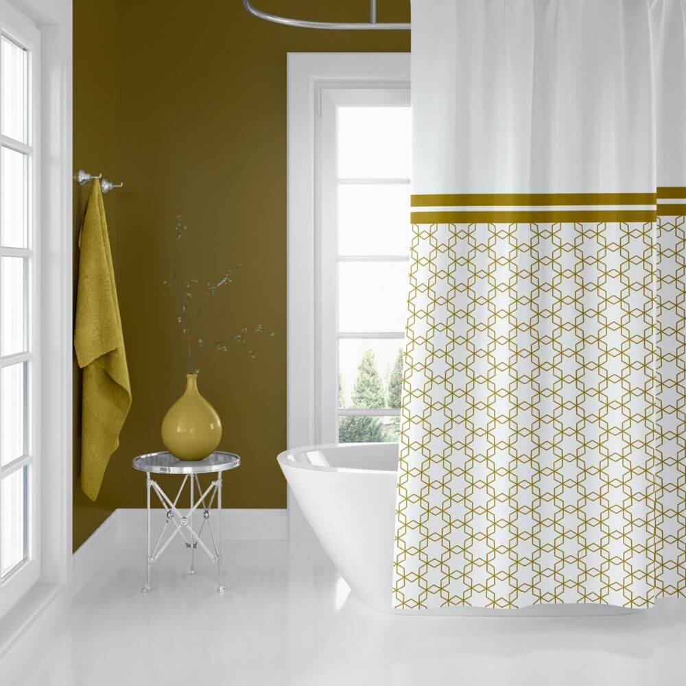 Zavesa za tuš kabine GOLDEN 180x200 cm | Vodoodporna tekstilna kopalniška zavesa za prho + 12 plastičnih obročev