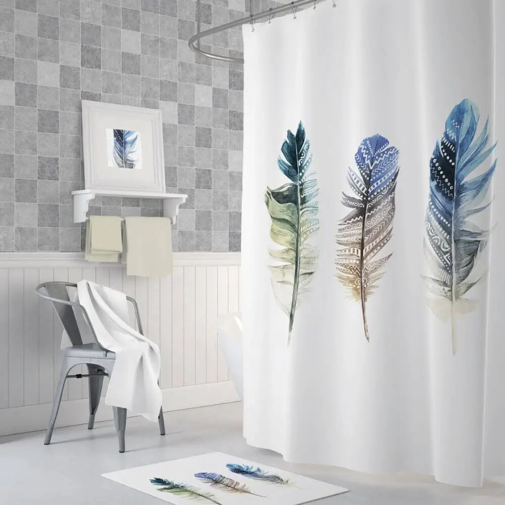 Zavesa za tuš kabine PLUME 180x200 cm | Vodoodporna tekstilna kopalniška zavesa za prho + 12 plastičnih obročev
