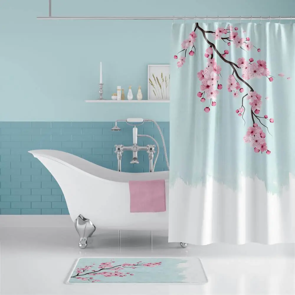 Zavesa za tuš kabine SAKURA 180x200 cm | Vodoodporna tekstilna kopalniška zavesa za prho + 12 plastičnih obročev