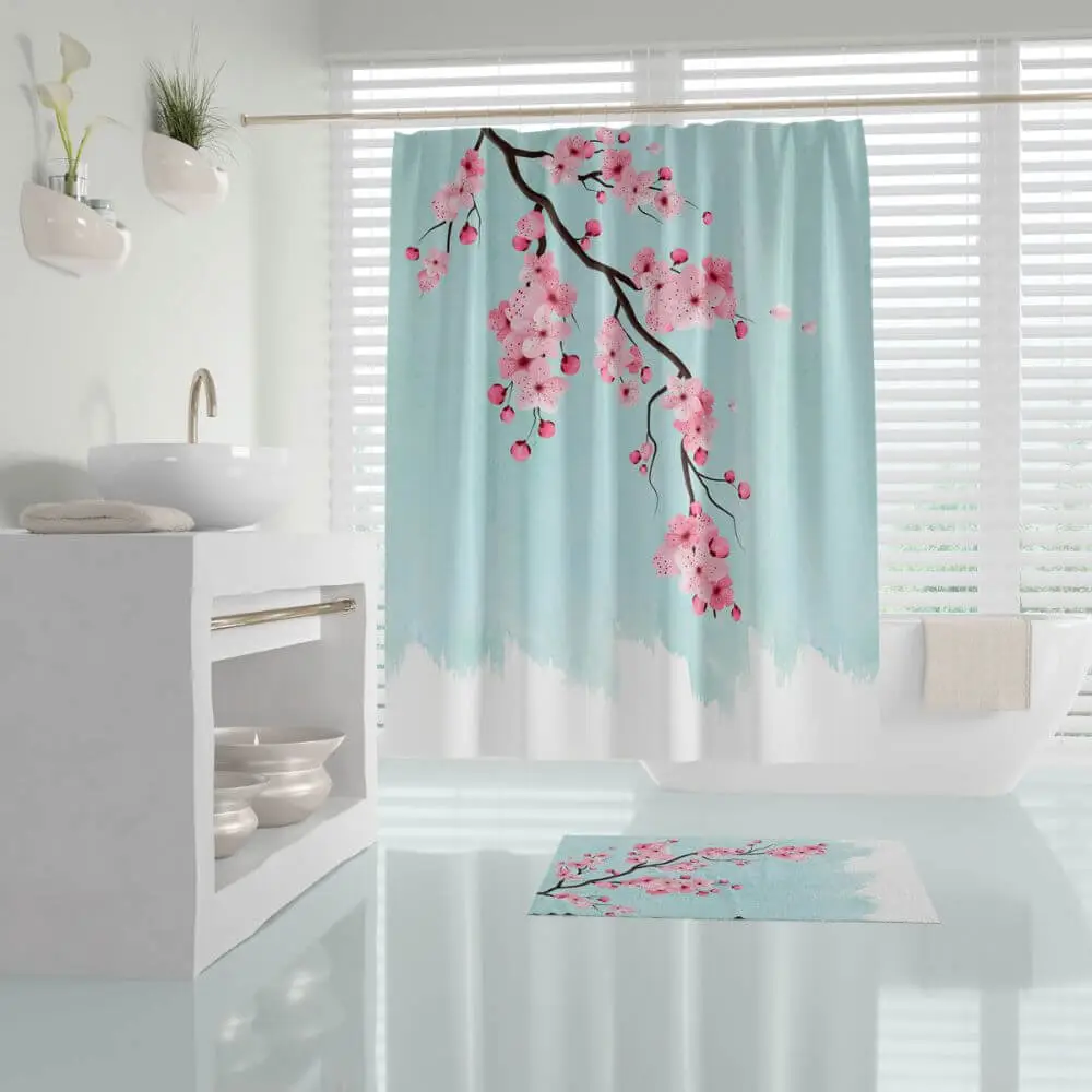 Zavesa za tuš kabine SAKURA 180x200 cm | Vodoodporna tekstilna kopalniška zavesa za prho + 12 plastičnih obročev - slika 2