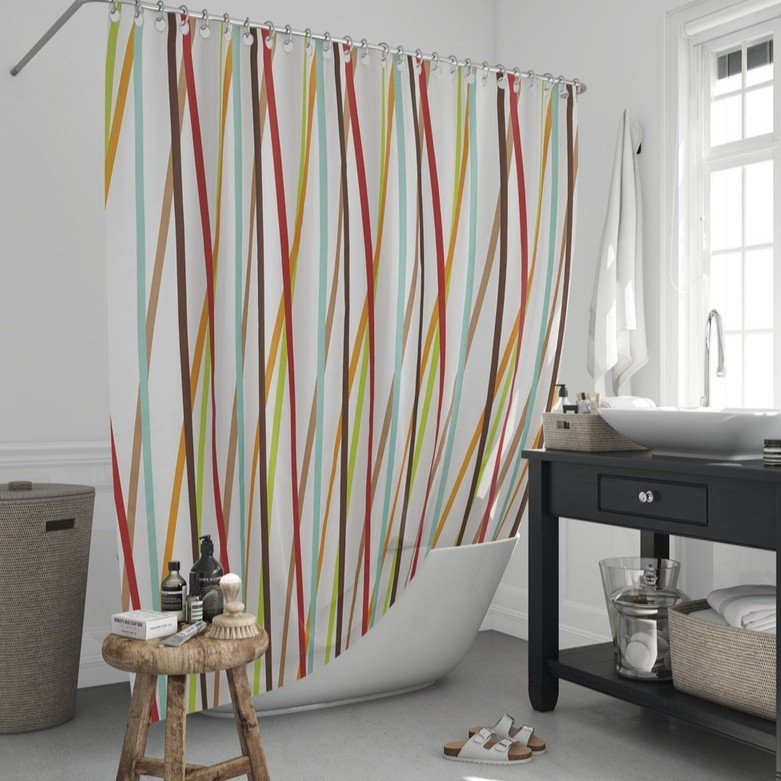 Zavesa za tuš kabine STRIPE 180x200 cm | Vodoodporna tekstilna kopalniška zavesa za prho + 12 plastičnih obročev - slika 2