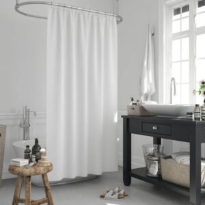 Zavesa za tuš kabine WHITE 180x200 cm | Vodoodporna tekstilna kopalniška zavesa s potiskom + 12 plastičnih obročev (Zavesa za prho)