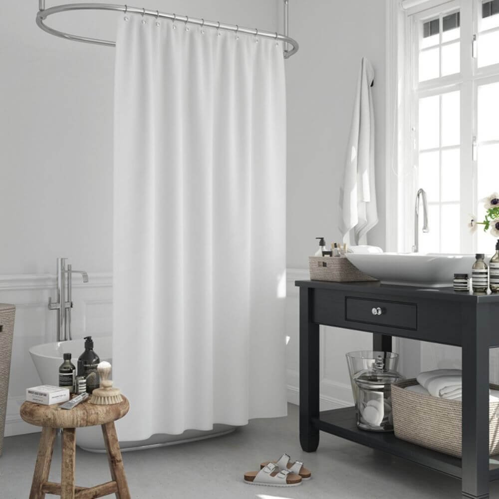 Zavesa za tuš kabine WHITE 180x200 cm | Vodoodporna tekstilna kopalniška zavesa s potiskom + 12 plastičnih obročev (Zavesa za prho)