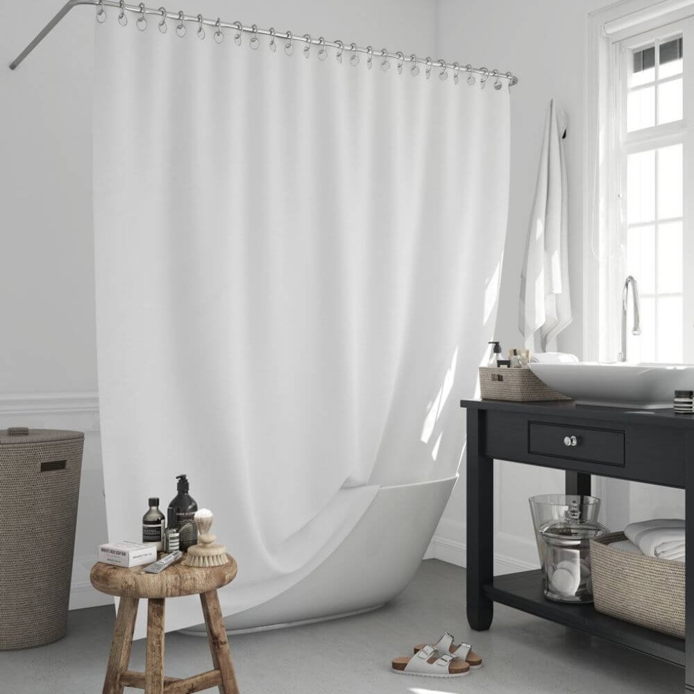 Zavesa za tuš kabine WHITE 180x200 cm | Vodoodporna tekstilna kopalniška zavesa s potiskom + 12 plastičnih obročev (Zavesa za prho) - slika 2