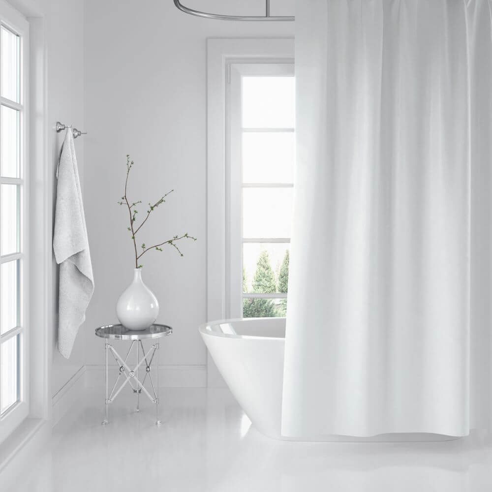 Zavesa za tuš kabine WHITE 180x200 cm | Vodoodporna tekstilna kopalniška zavesa s potiskom + 12 plastičnih obročev (Zavesa za prho) - slika 3
